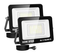 RIGIDON Focos Led Exterior & Interior con Enchufe, 2x 50W 5000 LM Foco de Luz, Proyector LED para Jardín Patio Plaza Garaje Terraza Estadio Trabajo, IP66 Impermeable 6000K Blanco Frío Iluminacion