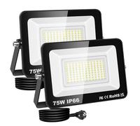 RIGIDON Focos Led Exterior & Interior con Enchufe, 2x 75W 7500 LM Foco de Luz, Proyector LED para Jardín Patio Plaza Garaje Terraza Estadio Trabajo, IP66 Impermeable 6000K Blanco Frío Iluminacion