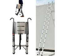 Rigogo Escalera telescópica de 5 m con 2 ganchos, 12 peldaños, escalera extensible de acero inoxidable, escalera extensible portátil, antideslizante, multiusos, 150 kg de capacidad de carga, EN131