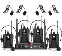 Rigwig Audio Pro UHF - Sistema de micrófono inalámbrico de 4 canales con auriculares Lavalier inalámbricos de mano, receptor de metal, ideal para karaoke, iglesia, fiesta, boda, reunión, con 4