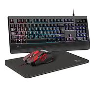 Rii - Combo de teclado, mouse y alfombrilla de mouse para juegos, 3 en 1, retroiluminación LED arco iris, teclado de computadora con cable USB, 104 teclas, diseño resistente a derrames, reposamuñecas