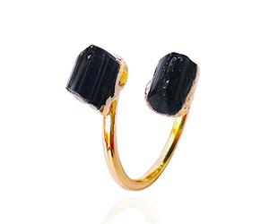 Riiichflowshop Anillo Abierto de Piedra Rugosa de turmalina Negra Irregular joyería de Dedo Hecha a Mano Dorada Anillo de tamaño Ajustable para Mujeres y Hombres turmalina Negra