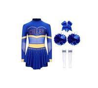 Riismen 4 Piezas Disfraces De Líder De Animadoras Para Niñas Uniforme Cheerleading Traje Baile Brillante Vestido Corto Manga Larga Pompones Calcetines Azul real A 7-8 años
