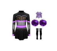 Riismen 4 Piezas Disfraces De Líder De Animadoras Para Niñas Uniforme Cheerleading Traje Baile Brillante Vestido Corto Manga Larga Pompones Calcetines Púrpura A 7-8 años