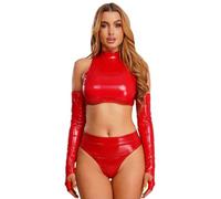 Riismen Conjunto Lencería Cuero Patentado Dos Piezas Mujer Con Aspecto Mojado Top Corto Con Recortes Y Calzón Alta Rodilla Rojo 3XL
