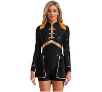 Riismen Damas Traje De Circo Manga Larga Body De Circo Brillante Con Borlas Sostén Cuello Uniforme Director Juego Rol Disfraz Cosplay Body Negro S