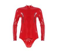 Riismen Hombres Look Mojado Body Manga Larga Traje De Cuero Mono De Cuero Brillante Traje Corto Entero Body Brillante con Tirantes Camiseta Interior Rojo 3XL
