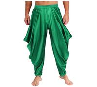 Riismen Hombres Príncipe Árabe Harén Pantalones Halloween Cosplay Cintura Elástica Pantalones Satén Pantalones Anchos Disfraz De Carnaval Verde S