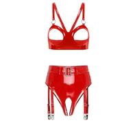 Riismen Mujer Conjunto Sostén Y Bragas Dos Piezas Que Coinciden Ropa De Noche Hueco Metálico Brillante Fiesta Rojo XXL