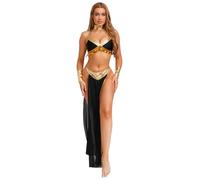 Riismen Mujer Disfraz De Reina Egipcia Top Crop Con Lentejuelas Brillantes Falda De Gascon Con Abertura Lateral Traje Danza Del Vientre Disfraz Halloween Cosplay Negro XL