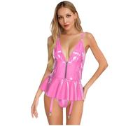 Riismen Mujer PU Cuero Vestido Escote En V Vestido con Bragas Integradas Y Liguero Cremallera Delantera Minivestido Traje De Latex San Valentin Ropa De Club Rosa L