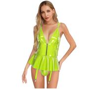 Riismen Mujer PU Cuero Vestido Escote En V Vestido con Bragas Integradas Y Liguero Cremallera Delantera Minivestido Traje De Latex San Valentin Ropa De Club Verde Fluorescente S