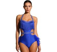 Riismen Mujer Traje Baile Latino Con Pedrería Y Plumas Falsas Sin Mangas Para Rumba Y Samba Leotardos Para Fiesta Club Azul real XXL