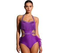 Riismen Mujer Traje Baile Latino Con Pedrería Y Plumas Falsas Sin Mangas Para Rumba Y Samba Leotardos Para Fiesta Club Púrpura L