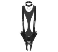 Riismen Mujeres Laca Cuero Body Con Oring Stringbody Abierto Wetlook Traje Latex Mono Ropa Interior Lencería Erótica Negro 3XL