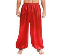 Riismen Pantalones De Harén para Hombres Disfraz De Príncipe Árabe Pantalones Bombachos Satén Holgados Hippies Baile Disfraz Rojo XXL