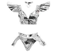 Riismen Ropa De Club Metálica Con Manga Volante Dramática Camisa De Rendimiento Brillante Para Mujeres Para Trabajar En Bares Y Danzar Gogo Plata B M