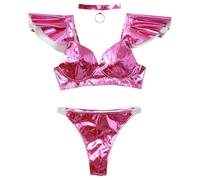 Riismen Ropa De Club Metálica Con Manga Volante Dramática Camisa De Rendimiento Brillante Para Mujeres Para Trabajar En Bares Y Danzar Gogo Rosa fuerte B S