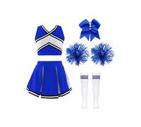 Riismen Traje De Animadora Para Niña Top Sin Mangas Crop Y Falda Con Pompones Diadema Medias Disfraz De Niña Pompon Halloween Disfraz Carnaval B Azul 9-10 años