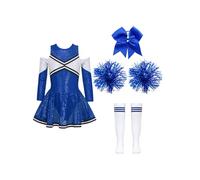 Riismen Traje De Animadora Para Niñas Conjunto De Disfraz Cheerleading Vestido Baile Brillante Para Niños Manga Larga Con Pompones Calcetines Tocado B Azul 9-10 años