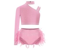 Riismen Traje De Baile Dos Piezas Niñas Un Hombro Crop Top Brillante Y Slim Fit Calzoncillos De Plumas Niños Jazz Latin Dance Costume Rosa 9-10 años