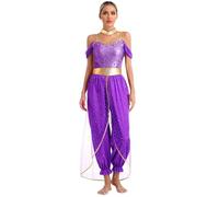 Riismen Traje de danza del vientre para mujer, disfraz de princesa árabe, traje baile oriental indio, disfraz bailarina del vientre para Halloween, carnaval, Púrpura XXL