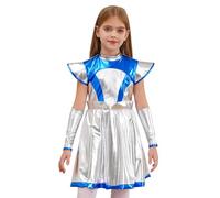 Riismen Traje De Niña Alien Vestido Metálico Traje De Astronauta Vestido Espacial Para Niños Minivestido Brillante Para Fiesta Halloween Plata 13-14 años