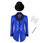 Riismen Traje Mago Niños Varones Con Manga Larga Frac Brocado Y Accesorios Espectáculos Magia Circo Azul real 5-6 años