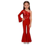 Riismen Traje Salto Con Lentejuelas Niñas Con Mangas Abombadas Pantalones A Campana Y Mono Asimétrico Baile Jazz Latín Y Disco Rojo 7-8 años