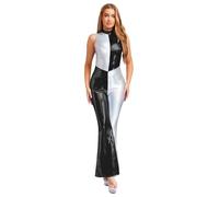 Riismen Women Traje De Discoteca Metálico Brillante Años Mono Sin Mangas Con Pantalones Acampanados Body Metálico De Patchwork Carnaval Fiesta Ropa Club Negro 3XL