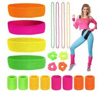 Riisoyu 20 Pcs Muñequera 80s Set, Diadema Sudor Conjunto Diadema Deportiva Deportivo Sweatbands Color Neón Muñequeras Gym Accesorios Fiesta Retro para Mujeres Hombres