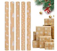 Riisoyu 5 Piezas Papel Regalo Navidad, 43x100cm Kraft Papel Regalo con Cuerda de Yute Resistente Reciclado para Cumpleaños Bodas Baby Shower Fiesta Renos Árbol de Navidad Copo de nieve
