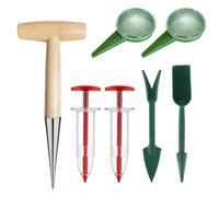 Riisoyu 7 Piezas Herramientas de Mano Tradicional Jardín, Acero Inoxidable Dibber con Mango de Madera Ligero Manual Plantador Sembrador Dispensador de Semillas Plantadores Bulbos para Jardín y Huerto