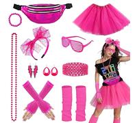 Riisoyu 80s Accesorios de Traje, 11 Piezas Disfraz de los años 80 para mujer con Riñonera Tutu Pendientes Collares Accesorio Disfraz Disco 80's para fiestas, Cosplay, Carnaval Calientes Retro