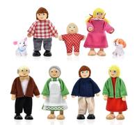 Riisoyu Familia de Muñeca de Madera, 9 Piezas Juego de Figuras de Mini Simulación Muñecas Accesorios de Casa Familiares de Dibujos Animados Regalo Juguetes para niños