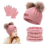 Riisoyu Gorro de Punto Invierno Térmico con Guantes y Bufanda, 3 en 1 Forro Polar Niños Set Beanie Conjunto de Bufanda y Gorro Guantes con Pompon Kit de Gorro Punto Térmico Invierno para Niños, Rosa