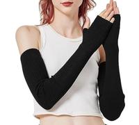 Riisoyu Guantes Largos Sin Dedos, Suave y Caliente Calentadores de Brazo Elásticos, Invierno Cálido de Punto Con Orificio Para Pulgar, Negro