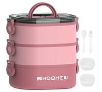 RIKDOKEN Fiambrera, Contenedores Apilables de 3 Capas, Caja Bento a Prueba de Fugas de Gran Capacidad de 2800 ml con Cajas de Cuchara, Tenedor y Salsa, Apta para Microondas para Niños y Adultos
