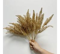 Rikyo 4 racimos de plantas artificiales doradas, arbustos tropicales de 14 pulgadas que adornan flores navideñas, fiestas en interiores y exteriores, para flores, coronas de flores, telón de fondo de