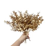 Rikyo 4 racimos de plantas de eucalipto artificiales doradas, arbustos tropicales de 14 pulgadas que adornan flores navideñas, fiestas en interiores y exteriores, para flores, coronas de flores, telón