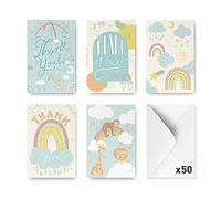 Rileys & Co Baby Shower Tarjetas de agradecimiento Surtido, 50 unidades | 5 diseños ilustrados a mano, sobres incluidos, paquete variado... (clásico)