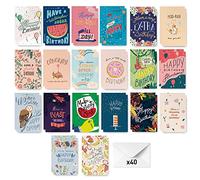 Rileys & Co Surtido de tarjetas de cumpleaños, ilustrado a mano, sobres incluidos, paquete de variedades a granel (paquete de 40)