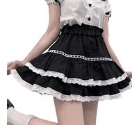 RILGOU Harajuku Lolita Fashion Kawaii Goth Ropa elástica de cintura alta línea A Vintage Encaje en capas falda corta, Negro -, S