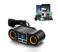 Riloer Regleta de Alimentación USB Extensión para Encendedor de Cigarrillos, 12V y 24V Adaptador Cargador Coche Camión Barco Toma Doble USB de 2 Vías Pantalla LED Voltímetro 120 * 40 * 50 mm