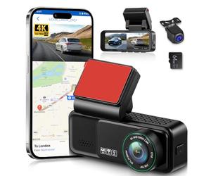 Rimoody Dashcam 4K con GPS, Doble Cámara de Coche 3.16 Pulgadas, 4K Delantera + 2K Trasera, Ángulo 150°+120°, WiFi Doble Banda 2.4/5.8GHz, ADAS, Grabación Cíclica, G-Sensor, con 64 GB Tarjeta