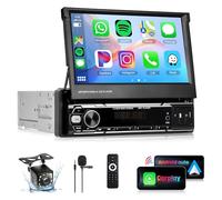 Rimoody Radio de Coche 1 DIN Inalámbrico Carplay Android Auto con Pantalla Táctil HD de 7 Pulgadas Retráctil Pantalla con Bluetooth GPS Navi Mirror Link FM/Am/RDS Radio TF/USB/AUX Cámara Trasera