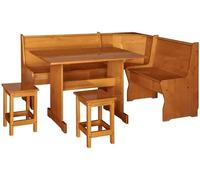 Rinconera con Mesa y 2 taburetes, realizada en Madera Pino barnizada en Color Miel. Serie Canet. Medidas: 132X172X86 cm (Bancos Intercambiables) y Asientos abatibles