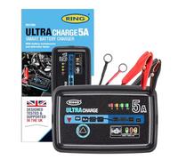 Ring Cargador de Coche Inteligente Ultracharge y Mantenimiento de la batería con Pruebas de máquinas Ligeras integradas, Compatible con baterías de Iones de Litio, Plomo-ácido, Gel, EFB y AGM