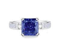 Ring Verlobung, Promise Ring Beste Freundin mit 8X8mm Quadratischem Tansanit und Moissanit Silber 9K Weißgold Größe 50 (15.9)