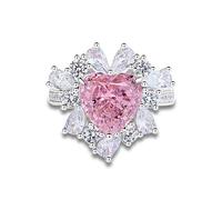 Ringe Vintage, Matching Rings Blumen-Moissanit-Ring mit Herzförmigem, Im Labor Hergestelltem Rosa Saphir 4 Karat Silber Platin Größe 65 (20.7)